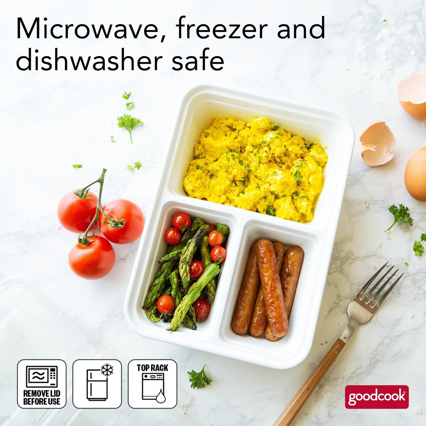 GoodCook Meal Prep Rectangle Three Compartment 20-Piece, White, Made without BPA