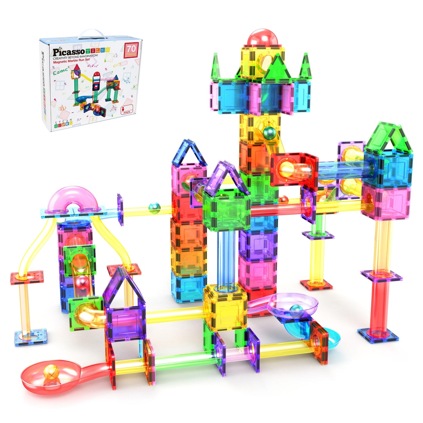 PicassoTiles 70pcs Marble Run Magnetic Tiles – STEM Building Set with Marbles for Kids Ages 3+, Educational Brain Development Toy PTG70