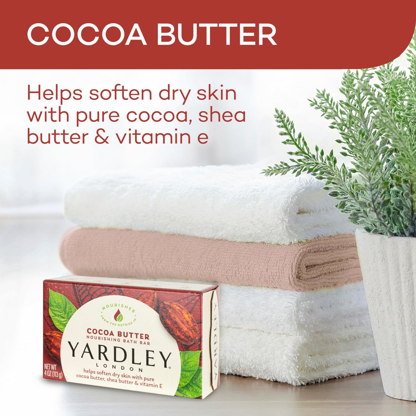 Yardley London Nourishing Bath Soap Bar Cocoa Butter, Helps Soften Dry Skin with Pure Cocoa Butter, Shea Butter & Vitamin E, 4.0 oz Bath Bar, 1 Soap