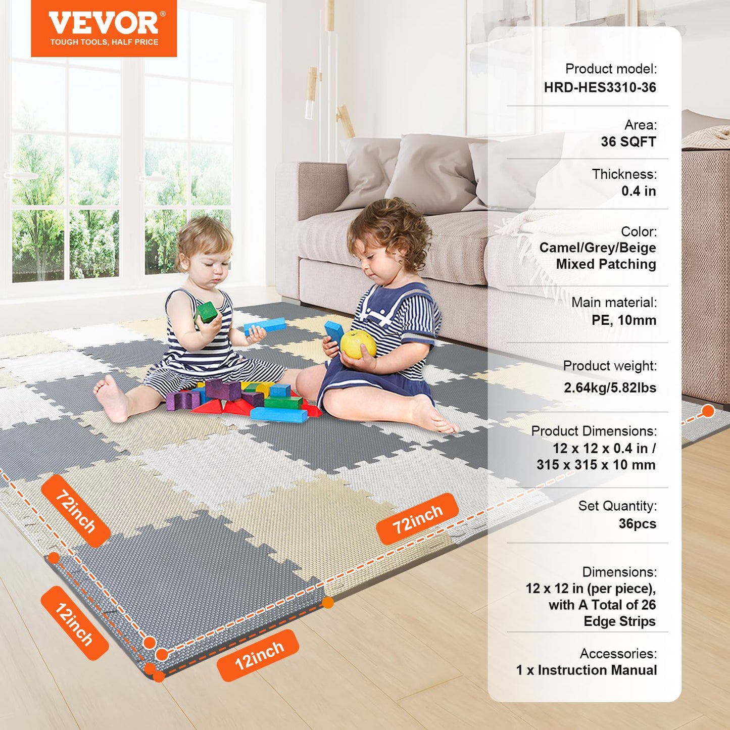 VEVOR 36 Tiles Kids Play Mat – 0.4" Thick EVA Foam Interlocking Puzzle Mats, 12"x12" Each, 36 Sq Ft for Nursery, Playroom, Camel/Gray/Beige