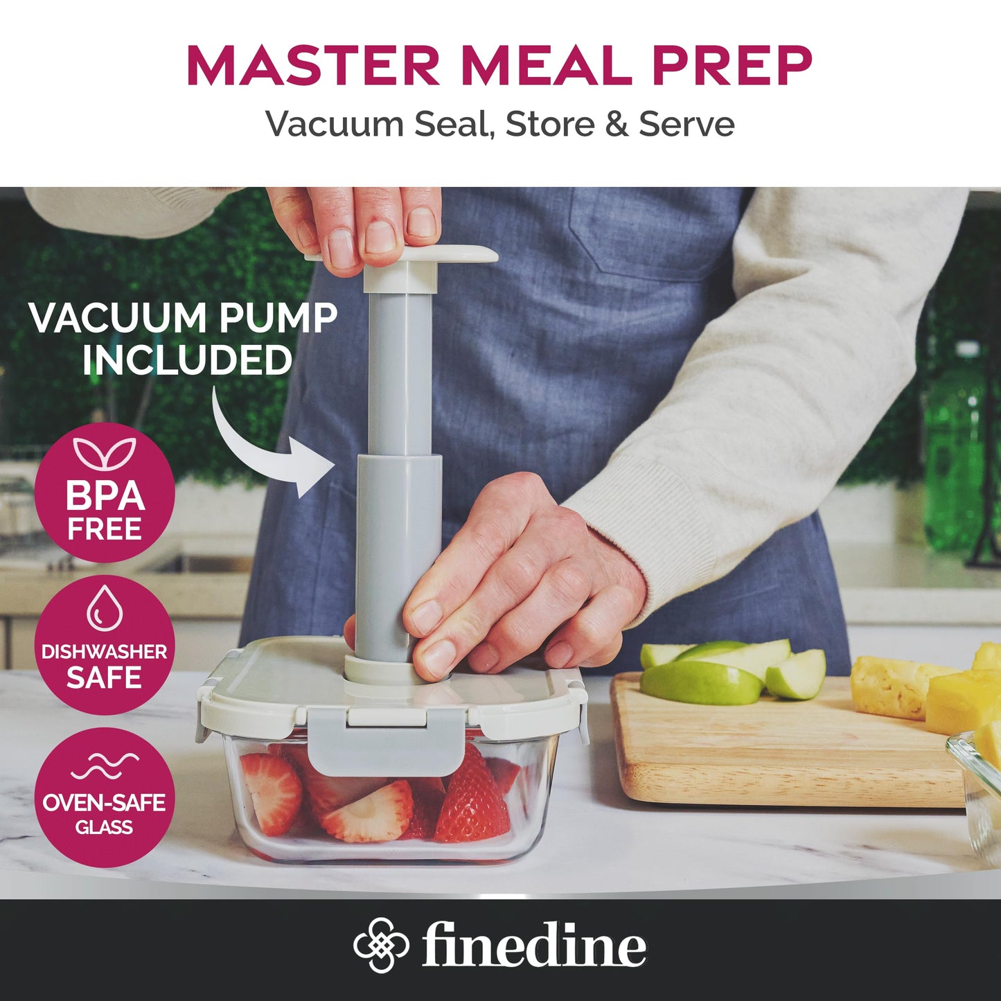 FineDine Vacuum Seal Glass Food Storage Containers With Hand Pump, 25 Piece Set, Airtight Pantry Kitchen Storage Containers w/Lids, Meal Prep…