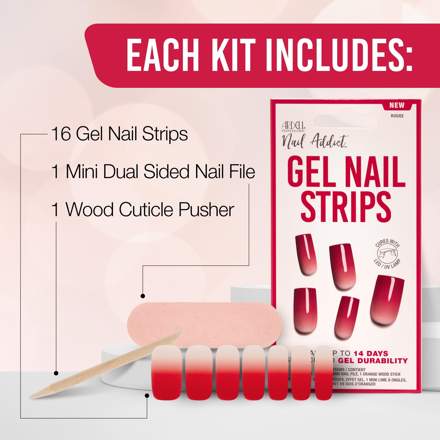 Ardell Nail Addict Semi Cured Gel Nail Strips - Rouge Red, Long-Lasting Wraps, Easy to Apply Nail Stickers, Cures with UV/LED Lamp, 16 Strips, Nails Beauty & Personal Care Ardell
