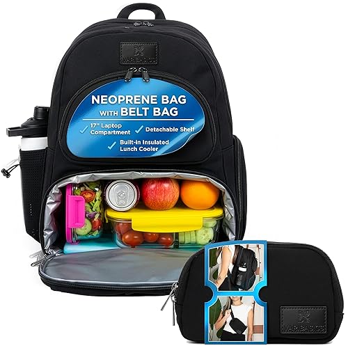 Varibasics Alira - Women's Lunch Backpack with Cooler Compartment and Belt Bag, Premium Neoprene Bag with Insulated Waterproof Lining, Great for Work, School, Travel and Moms, Fits 17" Laptop - Black