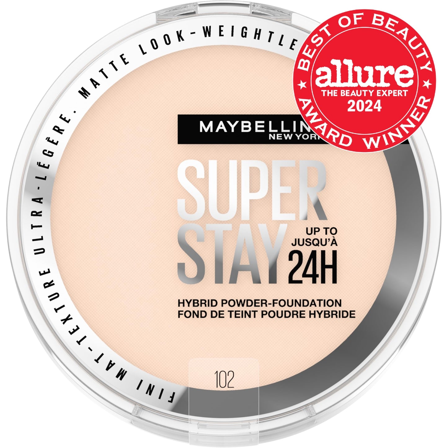 Maybelline Super Stay Up to 24HR Hybrid Powder-Foundation, Medium-to-Full Coverage Makeup, Matte Finish, 102, 1 Count