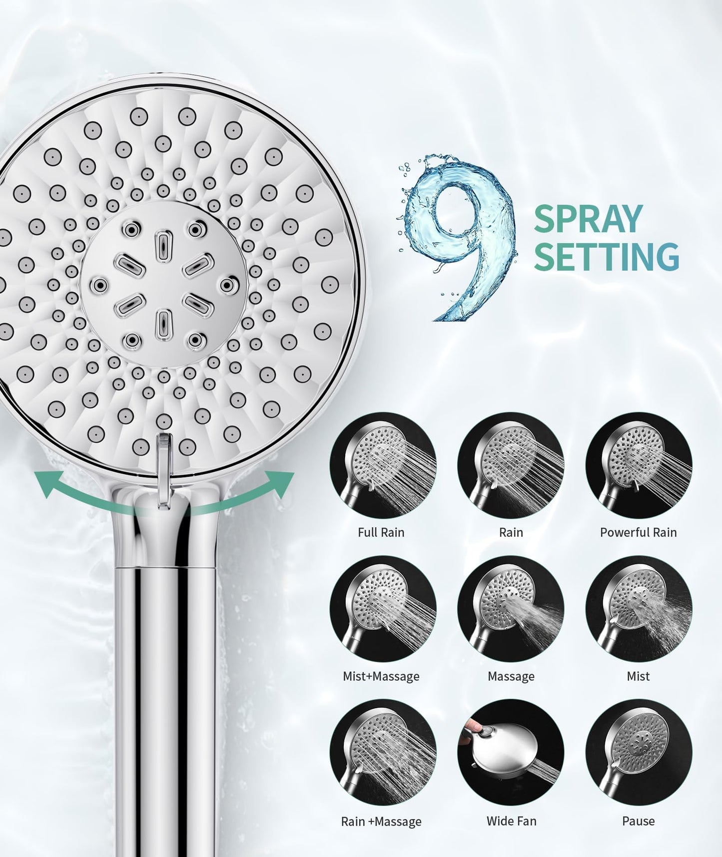 Filtered Handheld Shower Head – 9 Spray Modes, High Pressure Chrome Showerhead with Softening Beads for Hard Water & Chlorine Removal