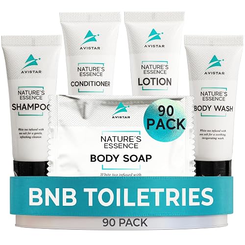 90 Piece Hotel Soap & Bulk Toiletries - Travel Essentials for BnB Hosts & Guests - Hotel Shampoo & Conditioner Supplies for Guests, Hotel Toiletries