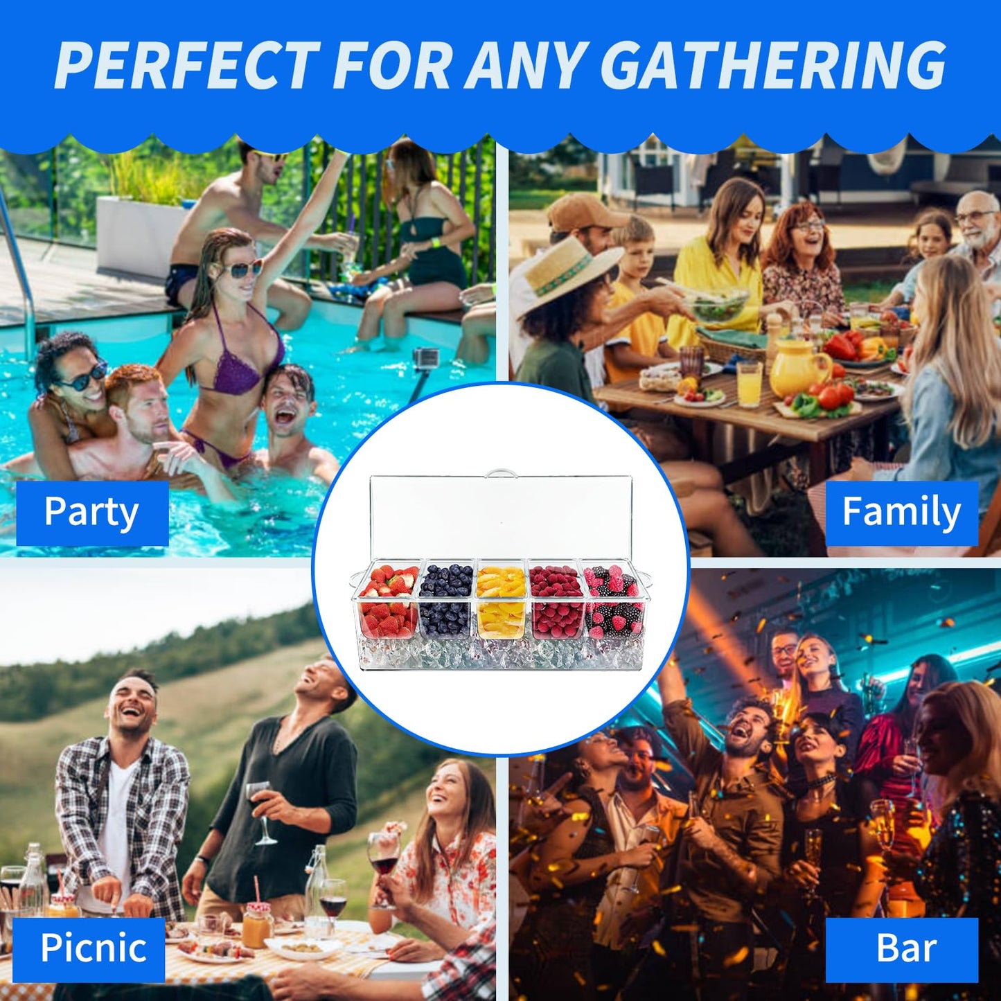 Large Ice Chilled Condiment Caddy,Chilled Condiment Containers Server with Lids for 5 Removable Compartments (2.5 cup),Serving Platters, Fruit…