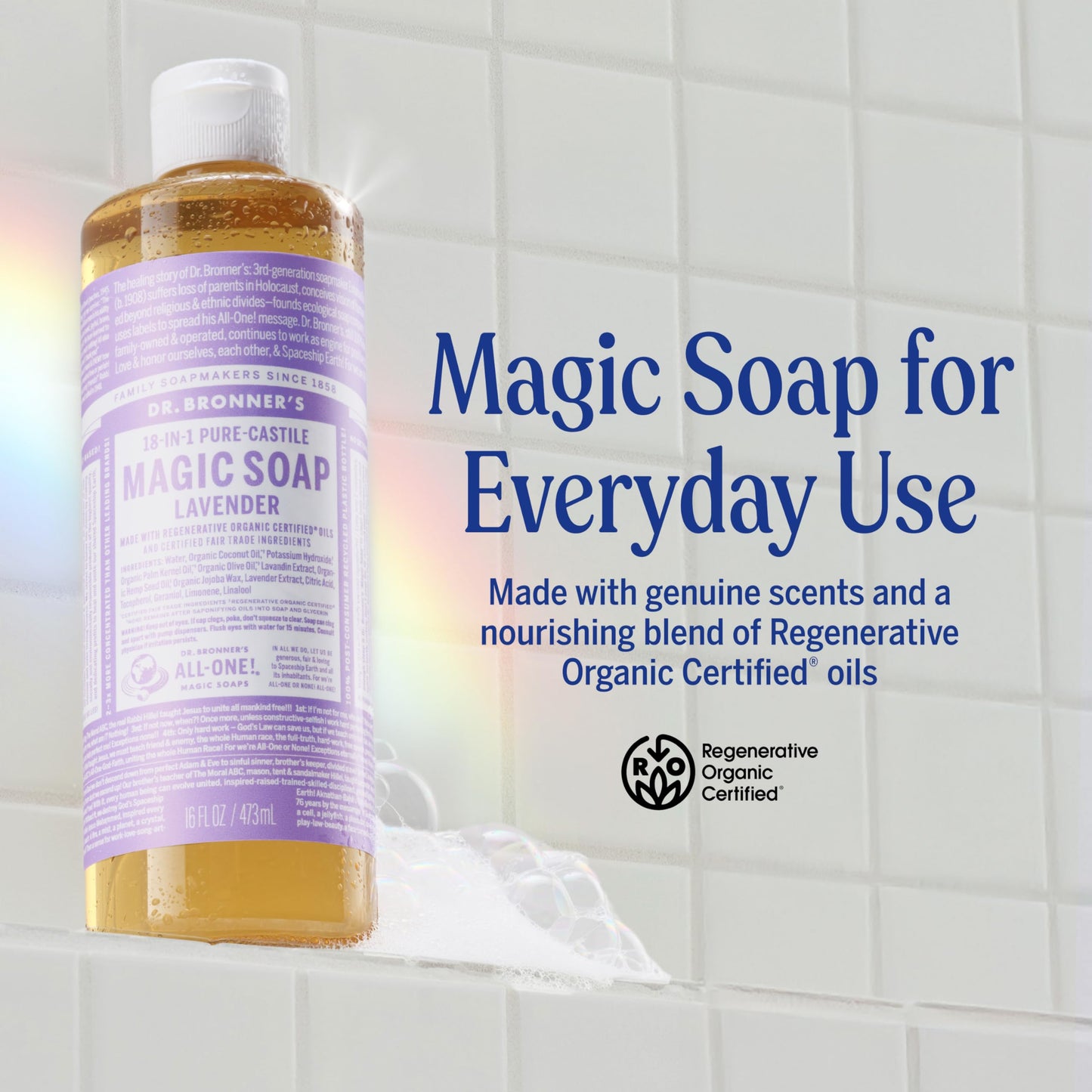 Dr. Bronner's Pure-Castile Magic Liquid Soap (Lavender, 16 Ounce, 2-Pack)- Made with Regenerative Organic Certified Oils, 18-in1 Uses: Face, Hair