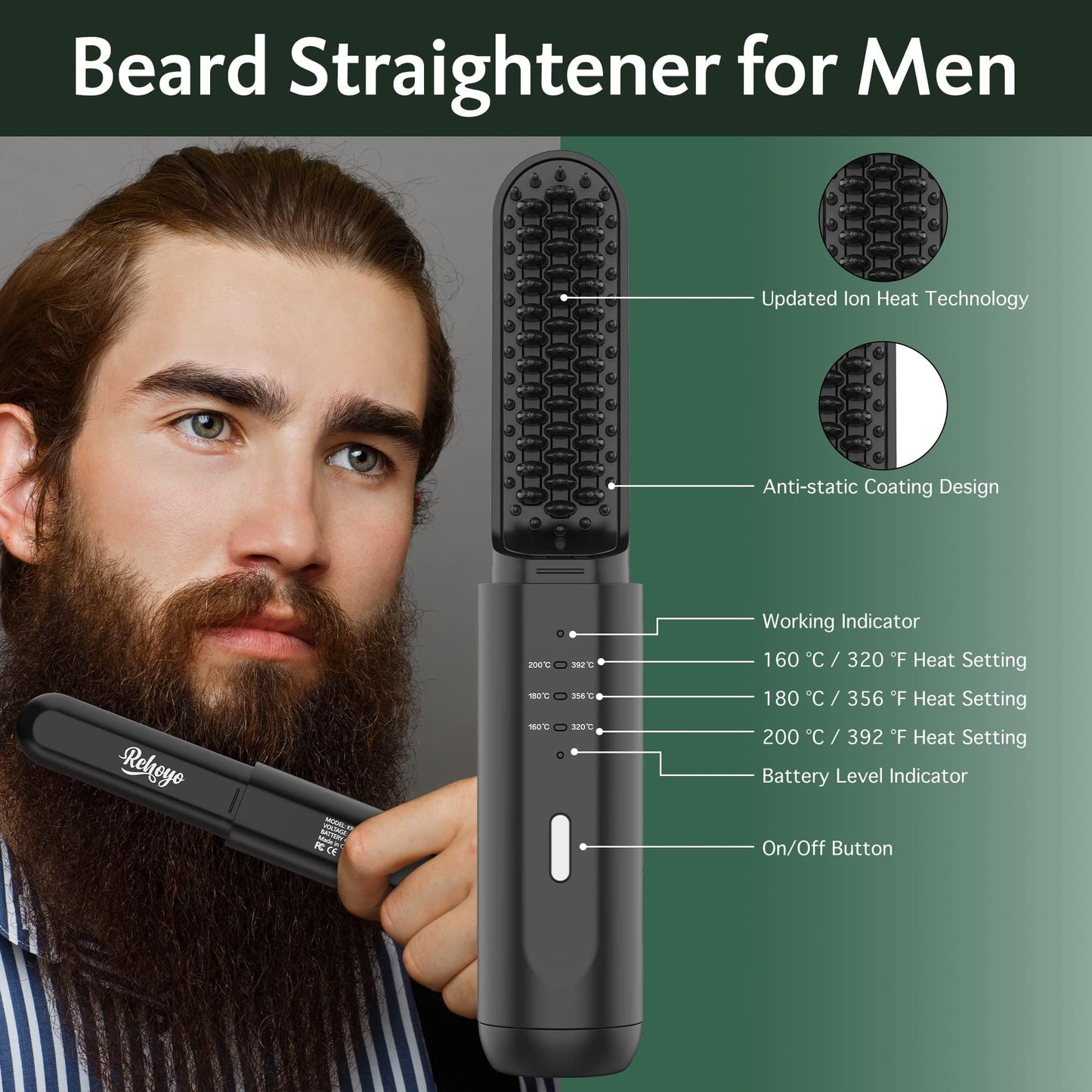 Beard Straightener for Men, Portable Cordless Heated Hair & Beard Straightening Brush with Anti-Scald & Ionic Technology, 3 Temperature Setting Comb