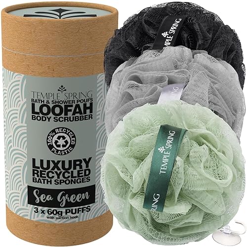 Temple Spring Recycled Luffa Sponges, Bathroom Shower Accessories, Loofa Bath Sponge, Exfoliating Body Scrubber Exfoliator Pouf, Shower Scrubber Puff