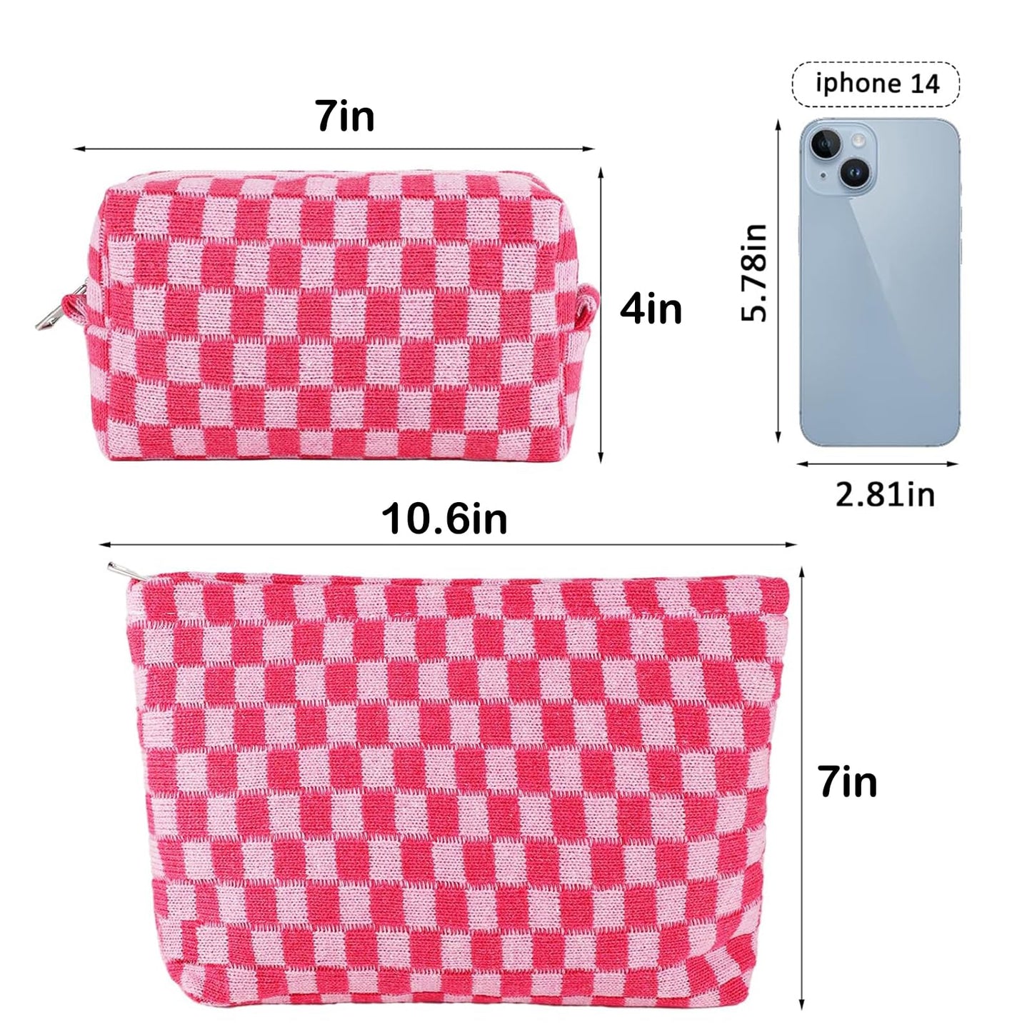 ZLFSRQ 2Pcs Checkered Makeup Bag Set – Large & Small Cosmetic Travel Toiletry Pouches for Women, Cute Preppy Pink Zipper Bags