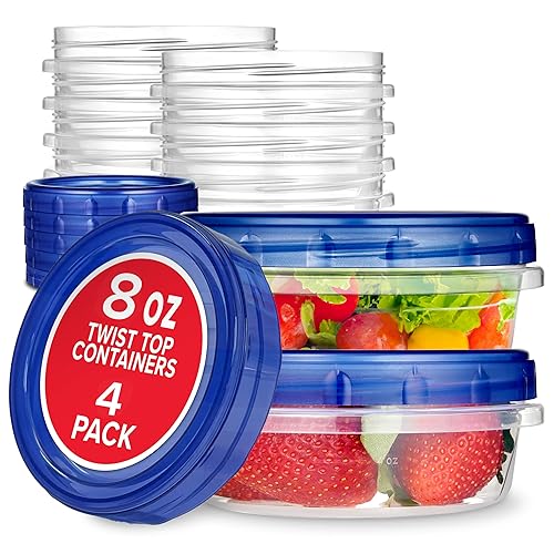 Stock Your Home 8oz Plastic Containers with Twist Top Lids (4 Pack), 1 Cup Small Freezer Containers for Leftover Food, Airtight Reusable Soup…
