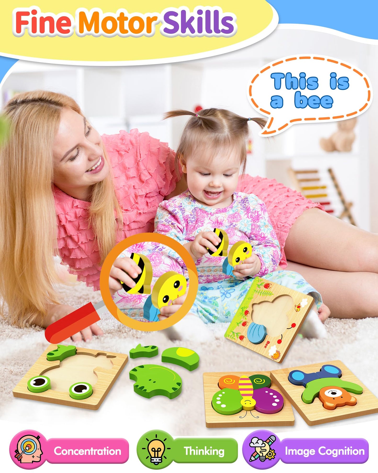 Bekayshad Wooden Animal Puzzles for Toddlers, Montessori Educational Toys for Boys & Girls Ages 1-3, Birthday & Christmas Gift Set