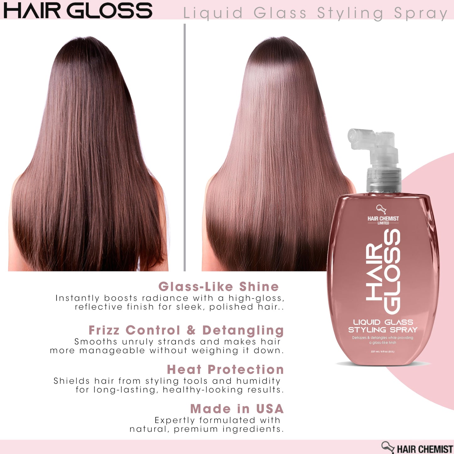 Hair Chemist Hair Gloss Liquid Glass Styling Spray 8 oz. - Detangling Anti Frizz Hair Products, Hair Gloss Spray, Shine Mist for Hair