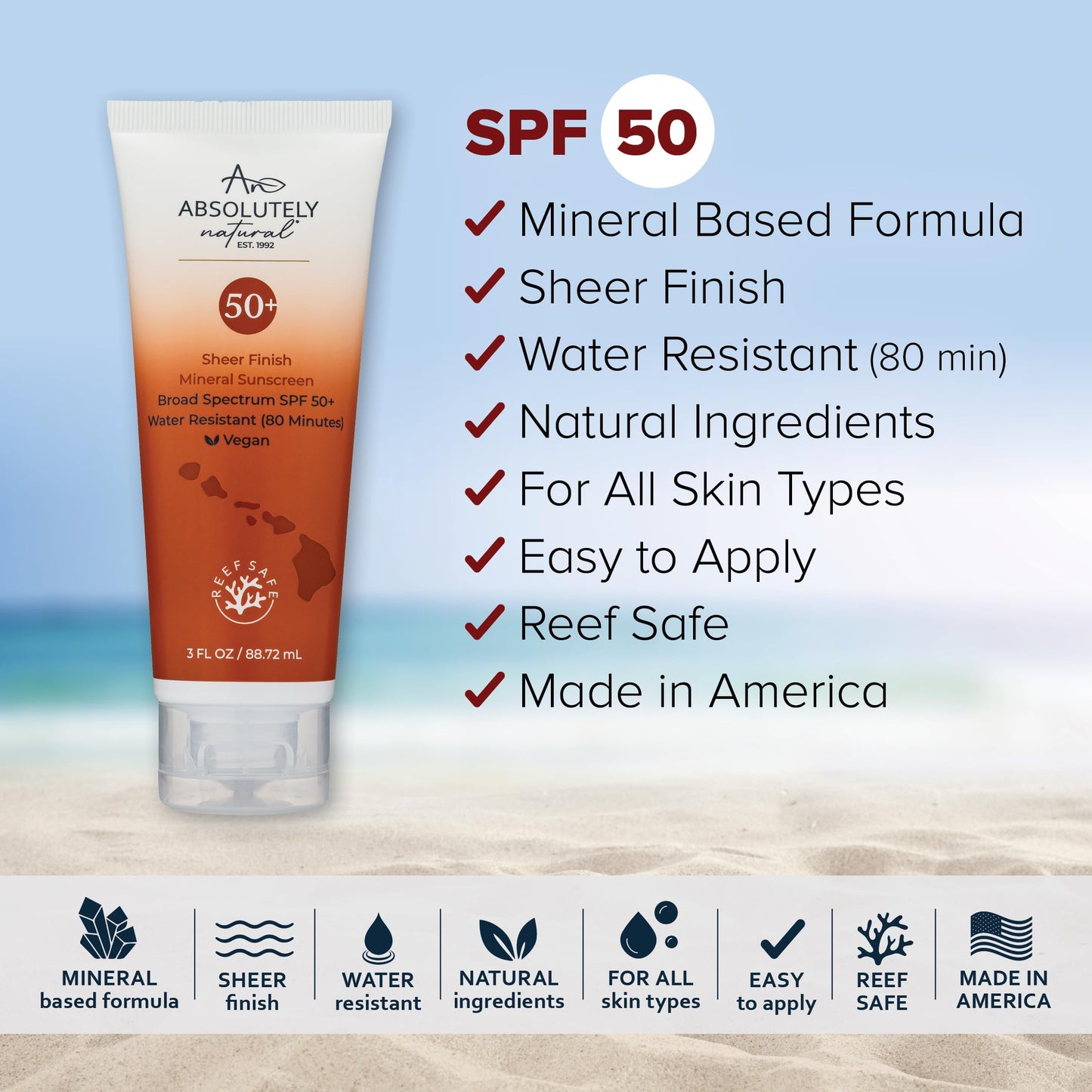 Absolutely Natural SPF 50+ Mineral Sunscreen Lotion - Anti-Aging Sunblock for Body & Face, Made with Rose Hips, Aloe, Zinc Oxide and Other Cruelty