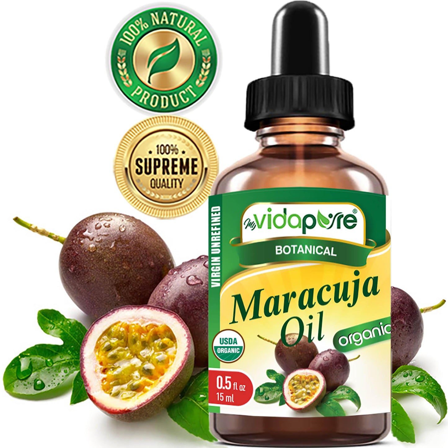 MYVIDAPURE Organic MARACUJA OIL Passion Fruit Certified Organic 100% Natural, Pure WILD GROWTH VIRGIN UNREFINED Brazilian for Skin, Face, Hair, Lip