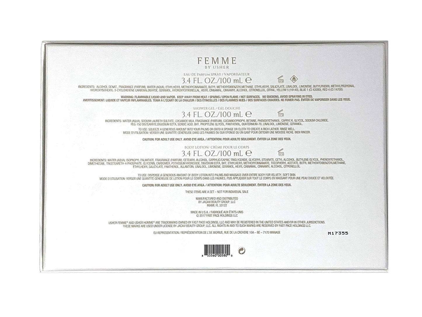 Usher Femme Gift Set for Women - Eau De Parfum Spray (3.4 Oz) + Body Lotion + Shower Gel