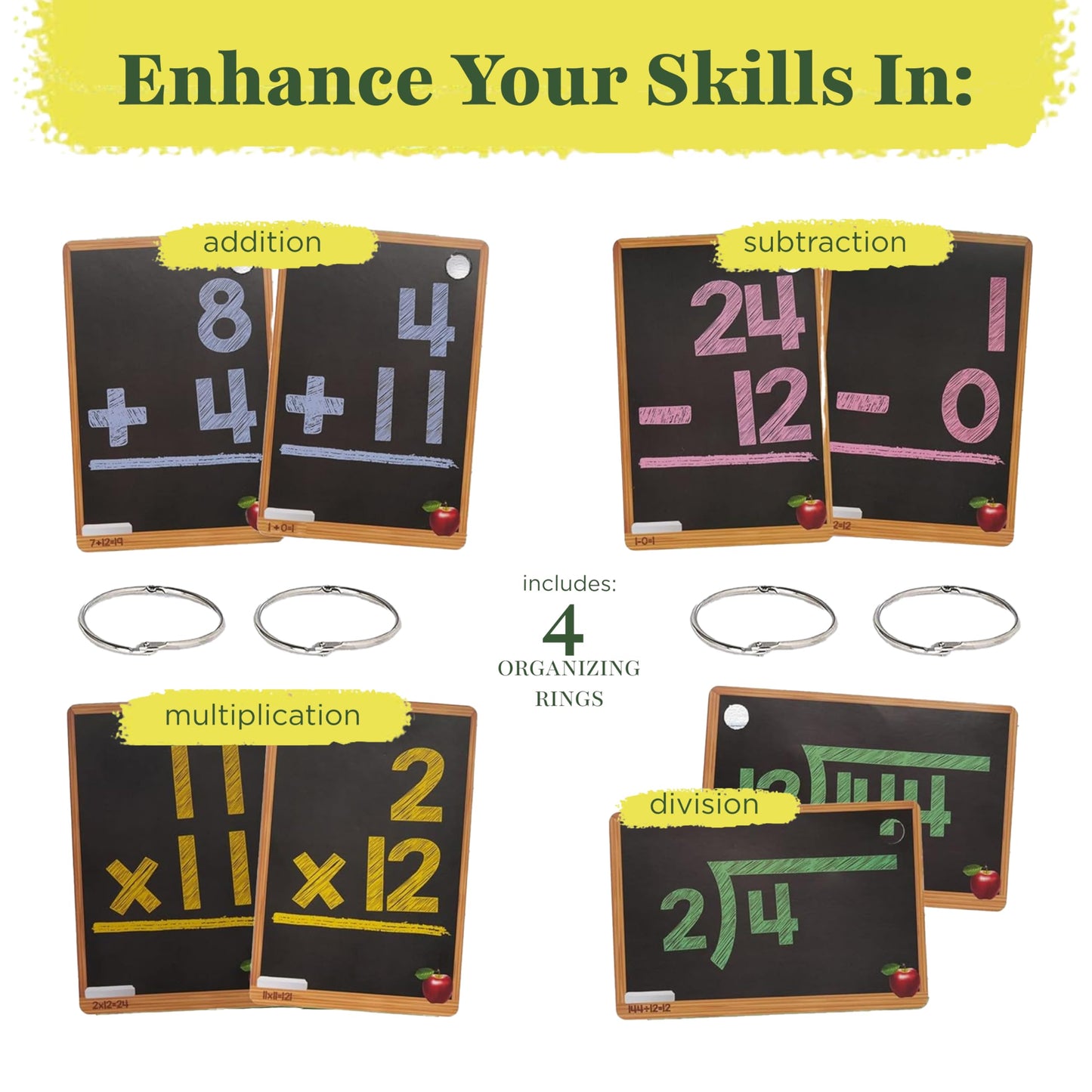 Star Right Math Flash Cards Set of 4 – Addition, Subtraction, Multiplication & Division with Rings, 208 Cards for Kids Ages 6+