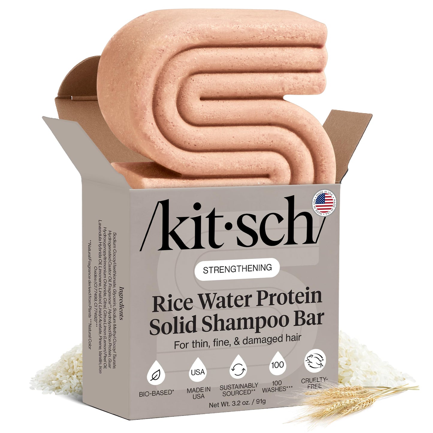 Kitsch Rice Water Shampoo Bar for Hair Growth - Strengthening Hair Shampoo for Men and Women - Reduce Breakage, Boosts Shine - Paraben, Silicone