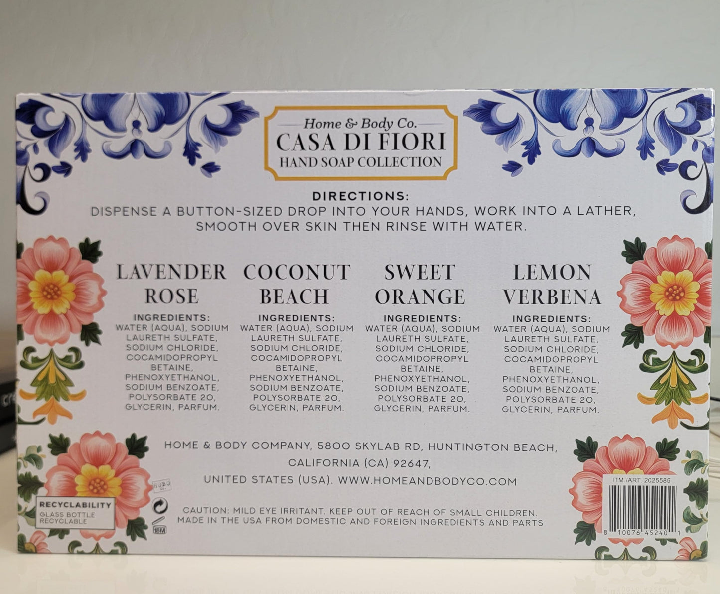 Home & Body Co. Casa Di Fiori Hand Soap Collection Set of 4, 19.5 fl oz (576 mL) Each, Lemon Verbena, Sweet Orange, Coconut Beach, Lavender Rose