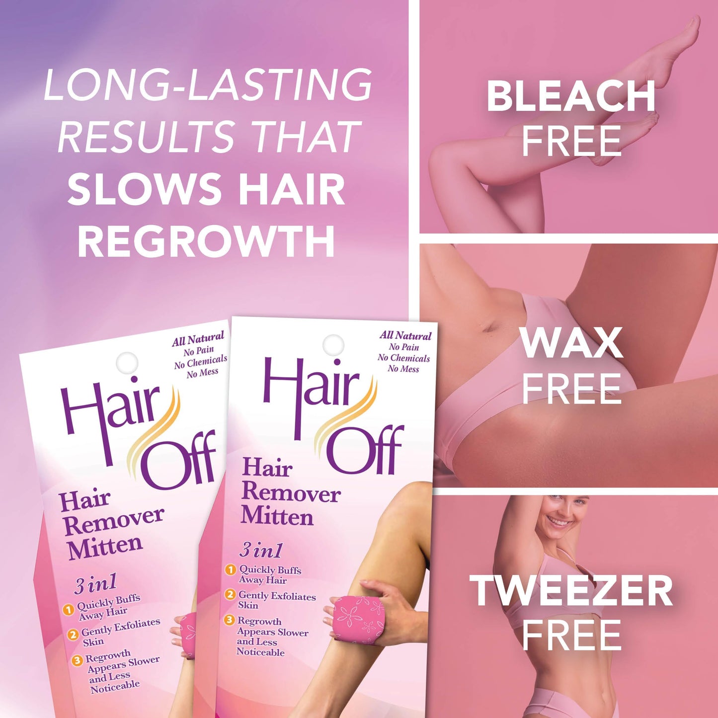 Hair Off Hair Remover Mitten - All-Natural, Painless & Chemical Free - Full Body Hair Removal - Slows & Lessens Regrowth - Exfoliates Skin (3 Mittens