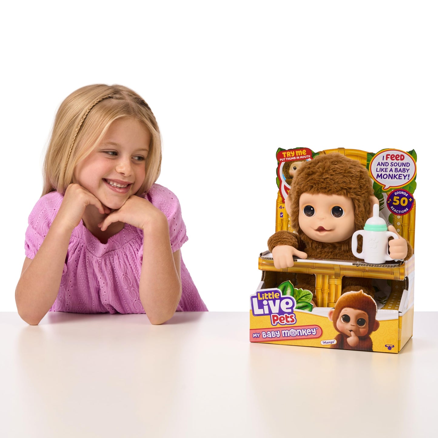 Little Live Pets My Baby Monkey Mango, 50+ Sounds and Reactions, Plush Interactive Monkey Toy Set with Accessories, Interactive Pets for Kids Ages 4+