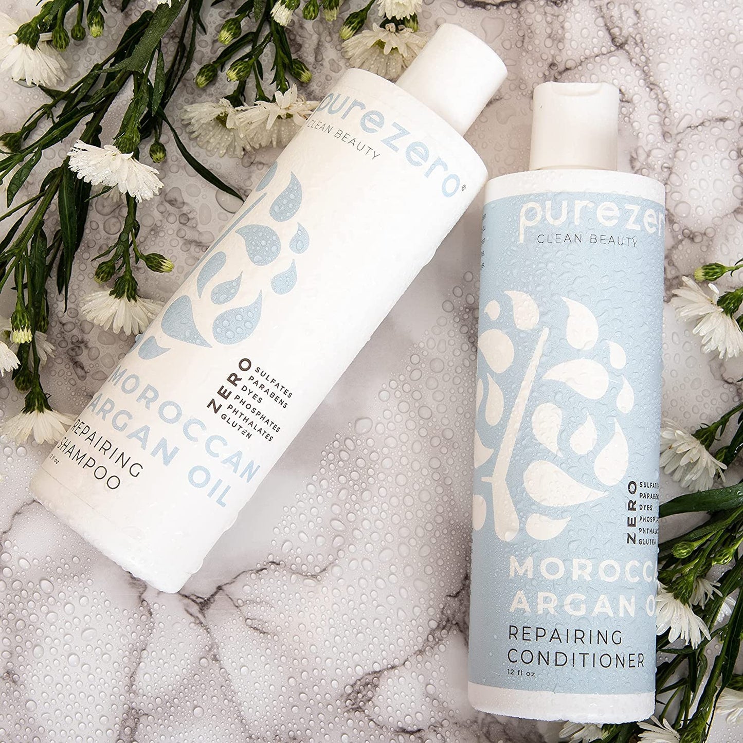 Purezero Moroccan Argan Oil Shampoo & Conditioner set - Repair Damaged Hair - Fight Dandruff & Frizz - Zero Sulfates, Parabens, Dyes, Gluten - Vegan