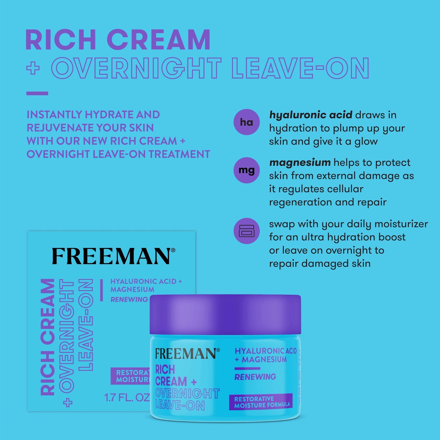 Freeman Rich Cream + Overnight Leave-On, Moisturizing Face Mask, Facial Mask For Dry Skin, Face Cream Infused With Magnesium & Hyaluronic Acid