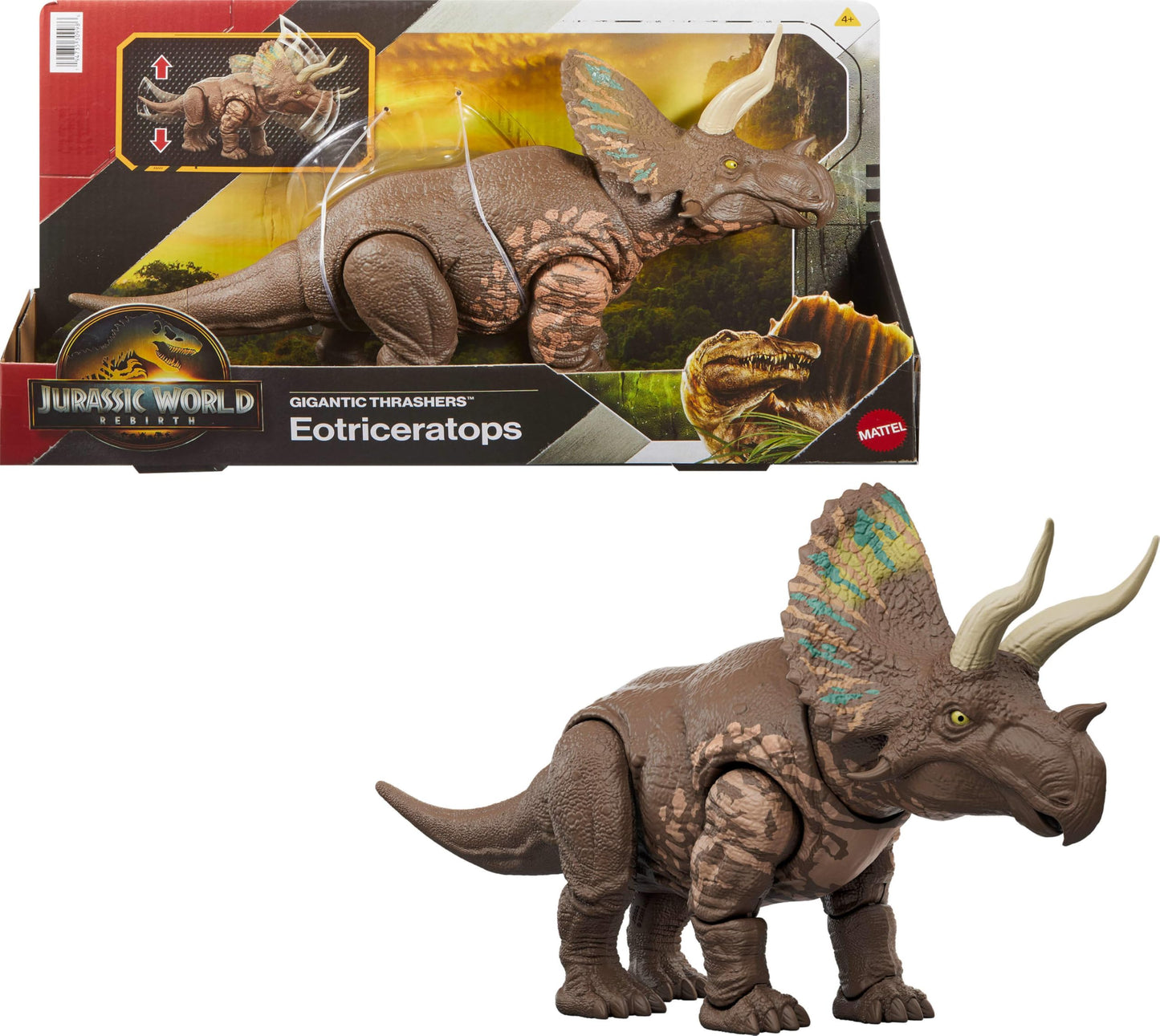 Mattel Jurassic World Rebirth Gigantic Thrashers Eotriceratops Dinosaur Figure Toy, Large Species, 2 Tail Activated Rampage Attacks, Digital Play