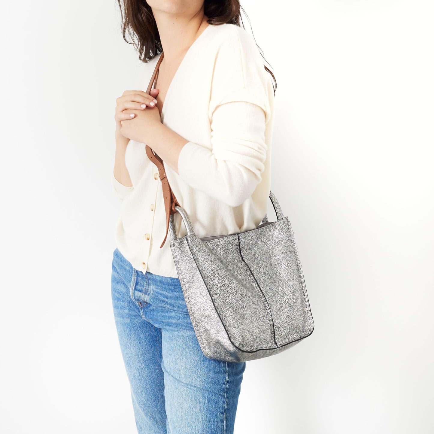 The Sak Los Feliz Crossbody Bag in Leather, Large, Lined Purse with Single Adjustable Shoulder Strap, Dark Silver