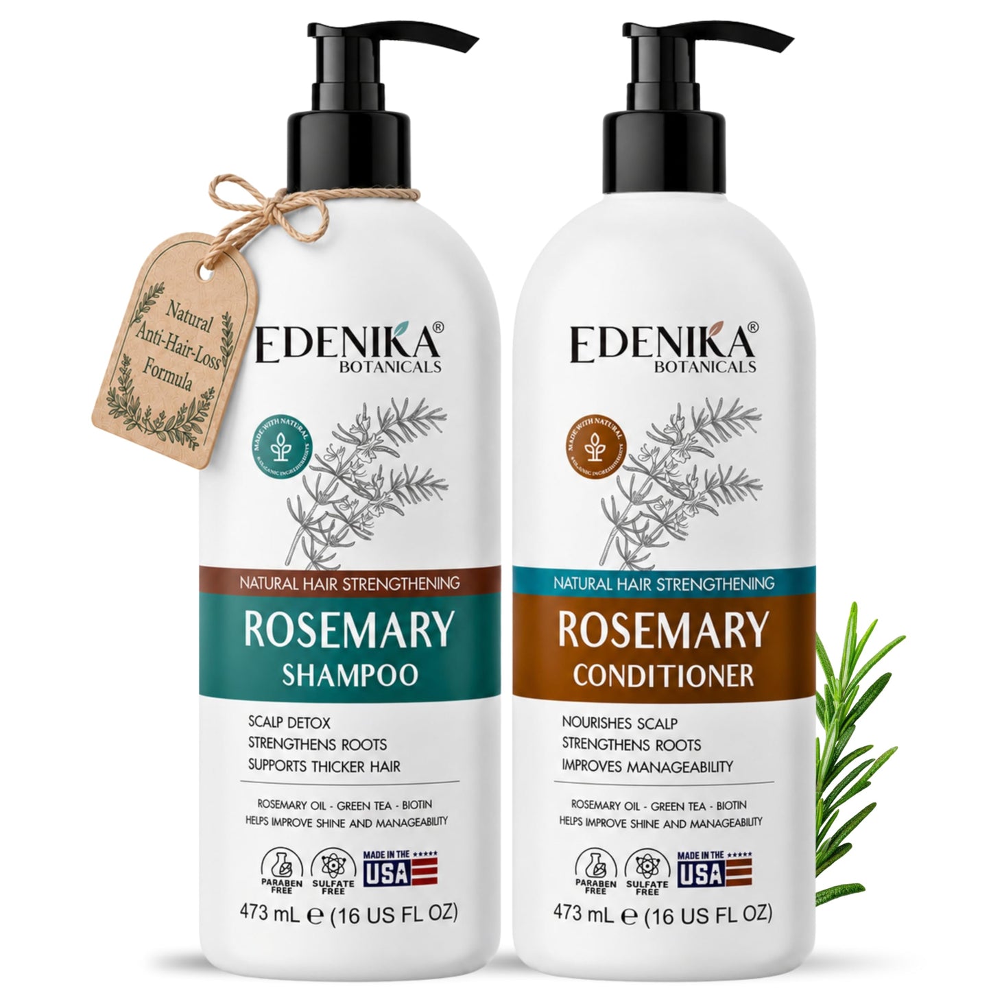 Edenika Botanicals Rosemary Oil Shampoo & Conditioner Set with Biotin & Spirulina for Thinning Hair, Anti-Hair Loss & Strengthening Botanical Formula