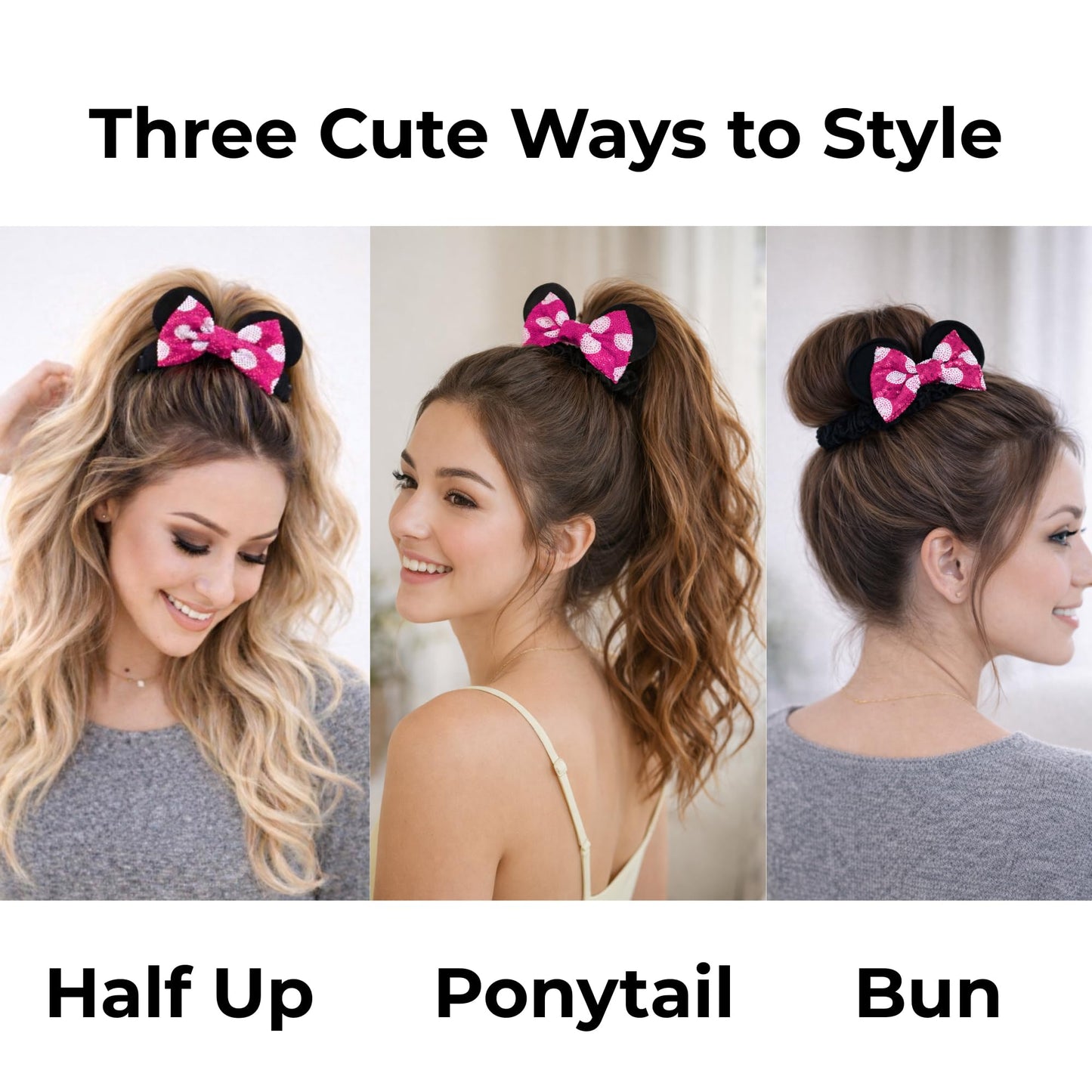 2 Pack Mouse Ear Scrunchies - Velvet Bow Hair Scrunchies with Sequin Ears - Cute Ponytail Holder Hair Accessories for Women by Styla Hair (Hot Pink) Beauty and Personal Care Styla Hair