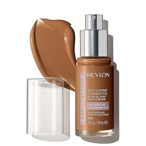 Revlon Illuminance Skin-Caring Liquid Foundation, Hyaluronic Acid, Hydrating and Nourishing Formula with Medium Coverage, 513 Brown Suede, 1 fl oz