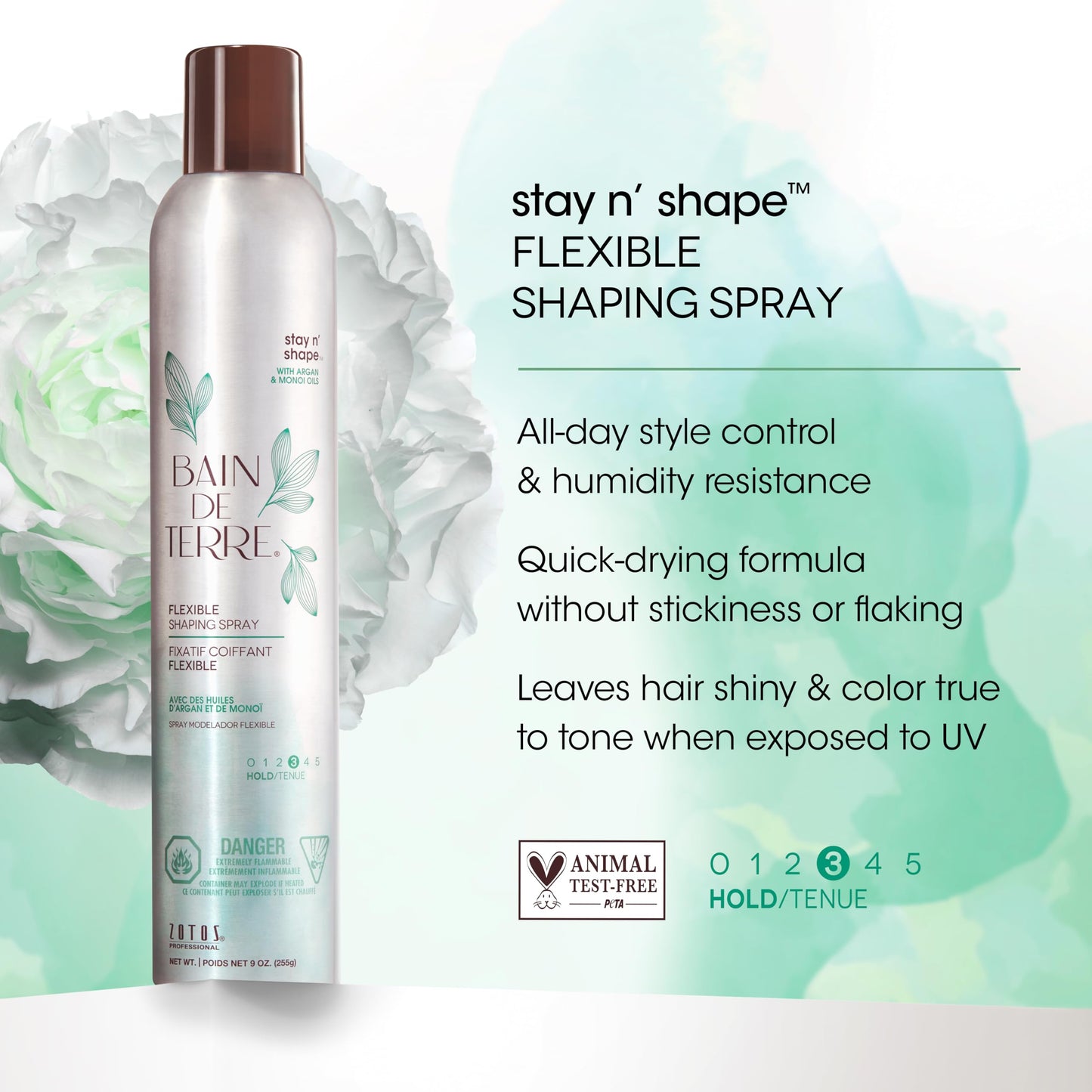 Bain de Terre Stay N' Shape Flexible Shaping Spray, Medium Hold & Shine, Heat & Humidity Protection with Argan & Monoi Oils, Paraben-Free, Color-Safe