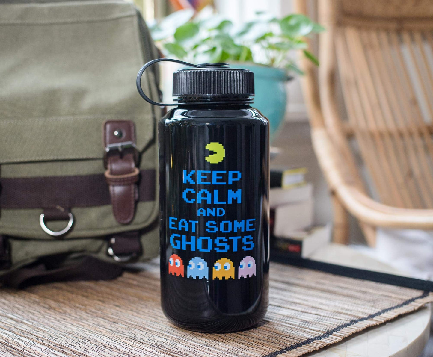 JUST FUNKY PAC-MAN Keep Calm and Eat Some Ghosts Water Bottle | BPA-Free Large Plastic Water Jug With Screw Top Lid | Hydration For Outdoor Sports