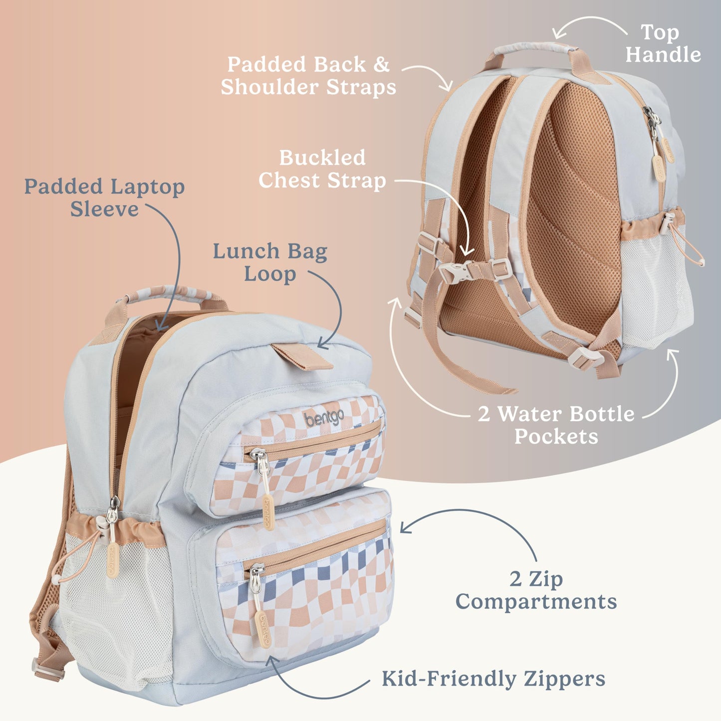 Bentgo Kids Backpack (Whimsy & Wonder Collection) - Lightweight 14’’ for School, Travel & Daycare - Ideal for Kids 4+, Durable & Water-Resistant, Roomy Interior, Loop for Lunch Bag (Checker Gradient)