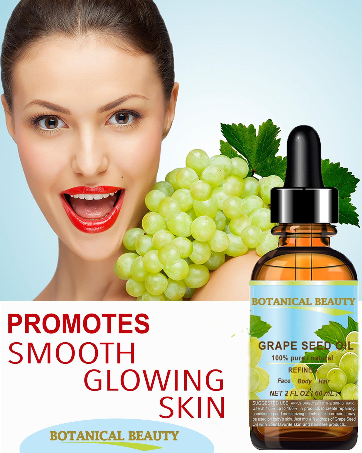 Botanical Beauty GRAPE SEED OIL 100% Pure Natural Undiluted Refined Cold Pressed Carrier Oil for Face, Skin, Body, Hair, Massage, Lip, Nails (2 Fl Oz