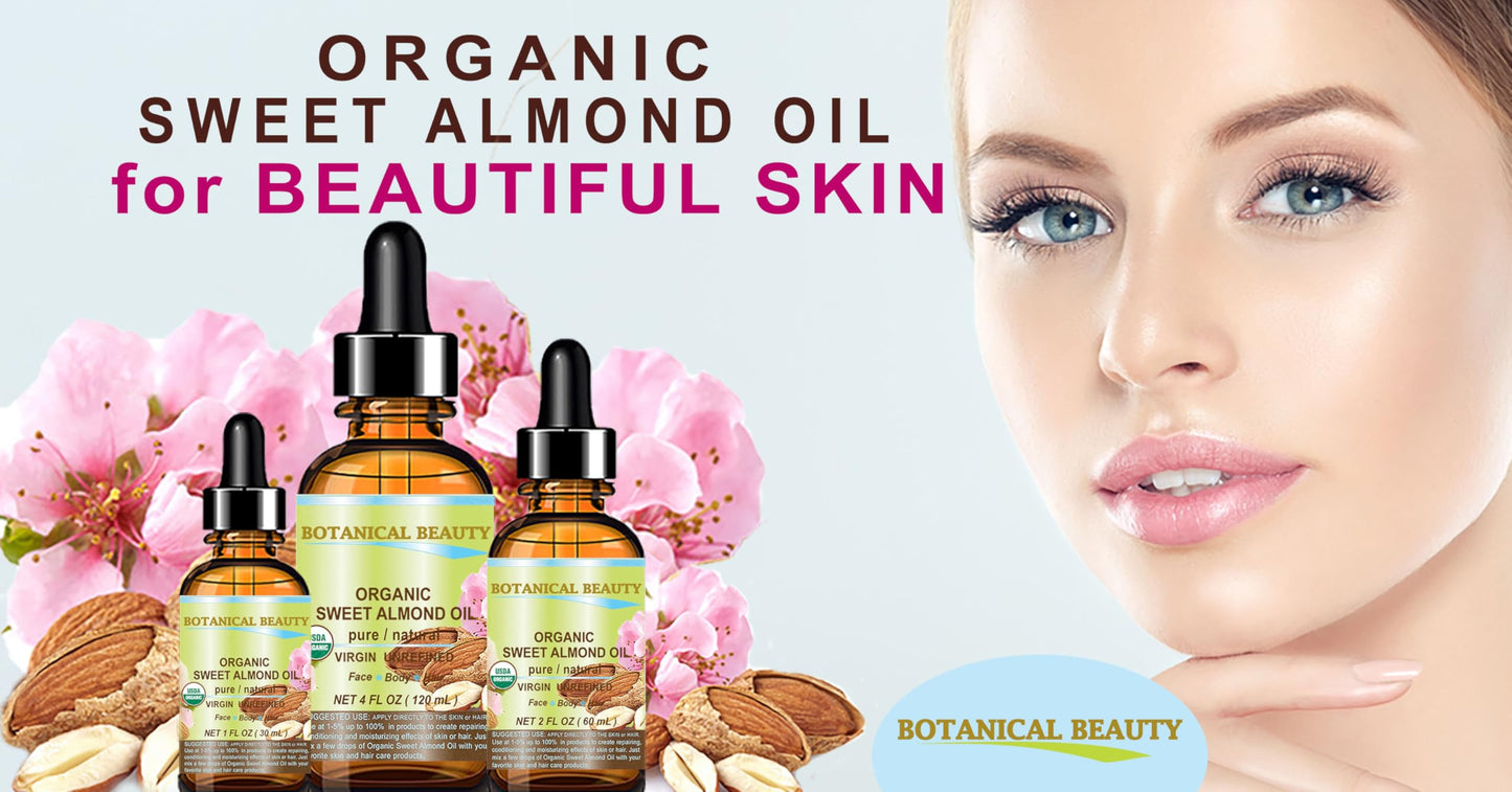 Botanical Beauty Organic SWEET ALMOND OIL 100% Pure Natural Virgin Unrefined Undiluted Cold Pressed Carrier Oil for Face, Skin, Body, Hair, Massage