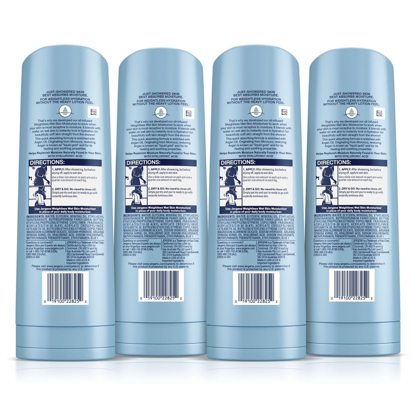 Jergens Wet Skin Body Moisturizer with Argan Oil, 4X Healthier Looking Skin, Fast-Absorbing, Non-Greasy, Dermatologist Tested, 10 Oz, Pack of 4