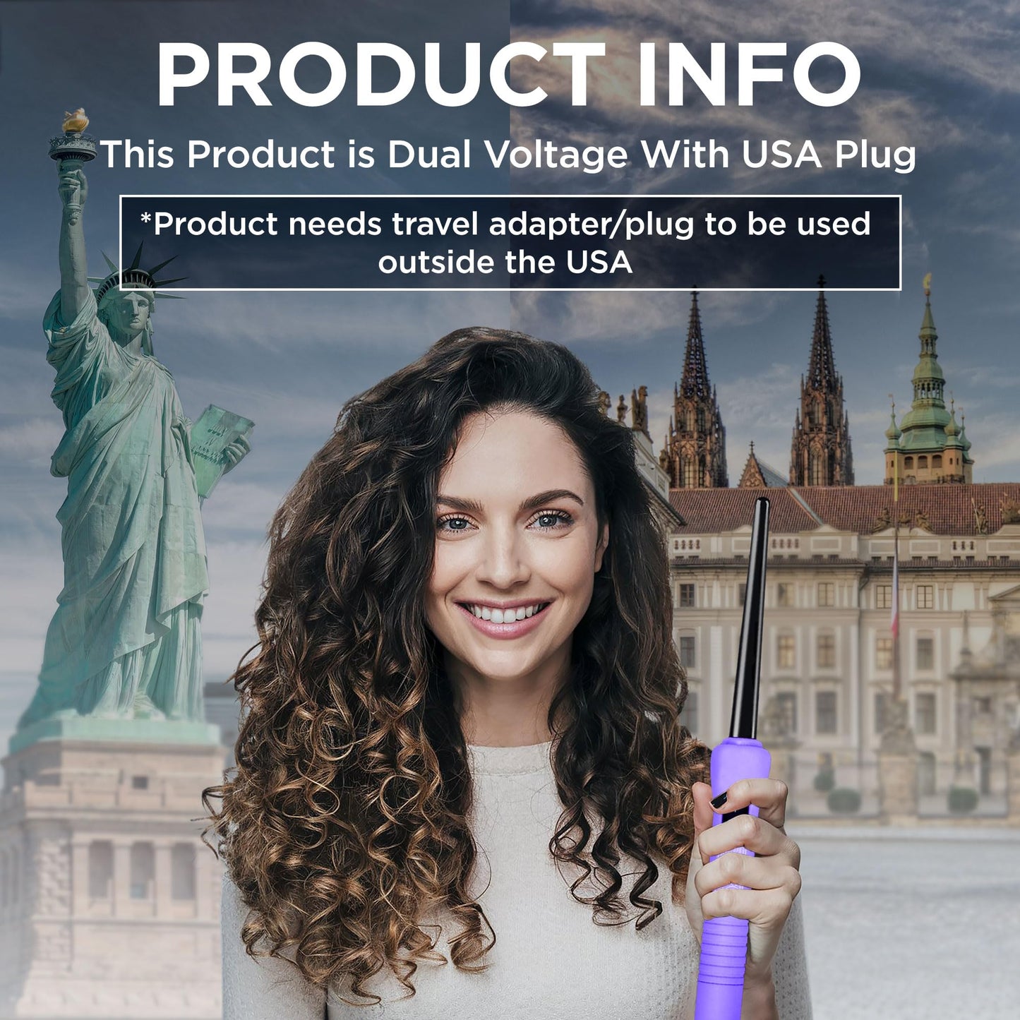 HerStyler Baby Curls Mini Curling Iron, 9mm to 13mm Tapered Barrel, Thin Curling Wand with Dual Voltage, For Crowned Curls, Purple