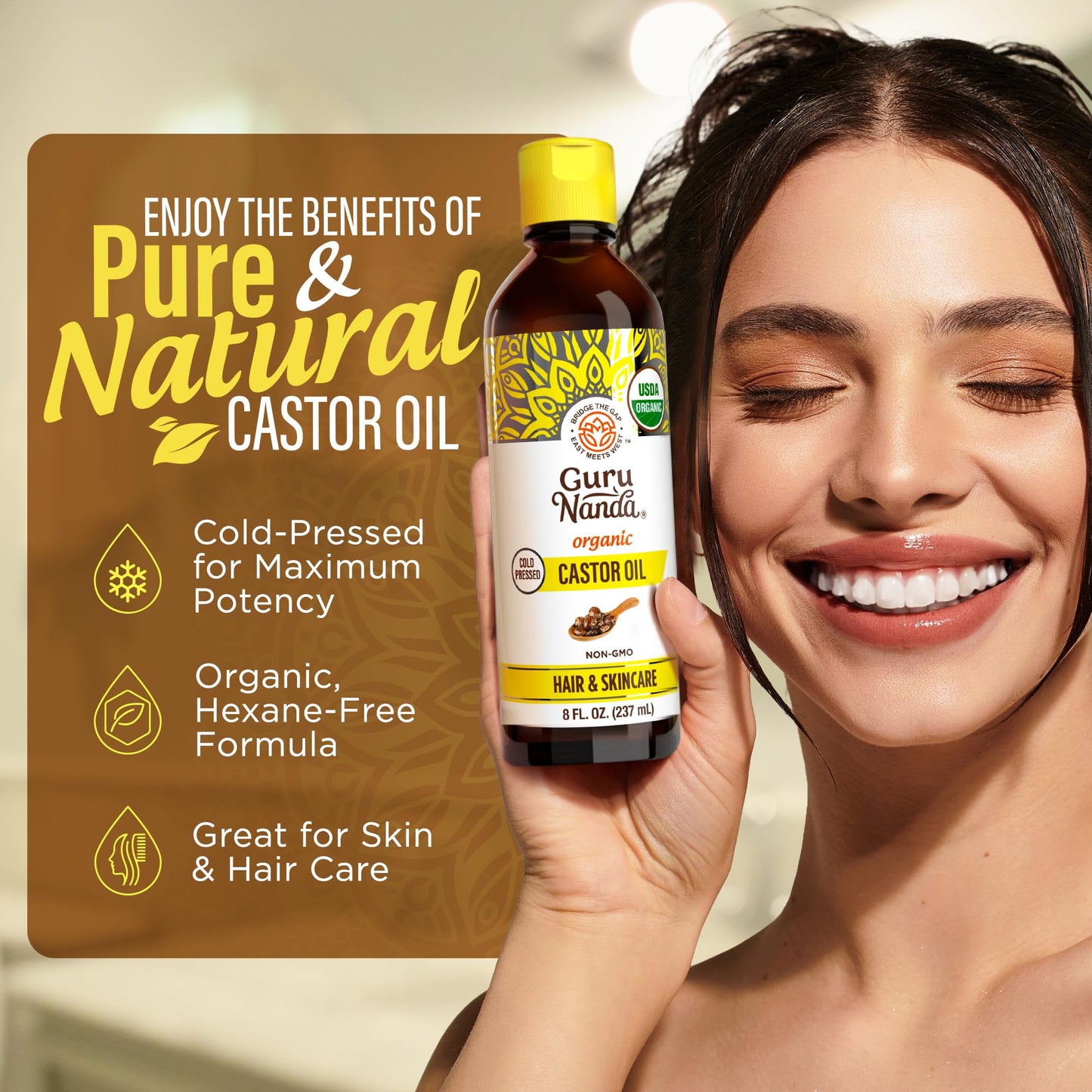 GuruNanda Castor Oil Organic USDA Certified (8 Fl oz) - 100% Pure & Natural, Cold Pressed & Hexane-Free, Hydrating Carrier Oil for Skin, Hair