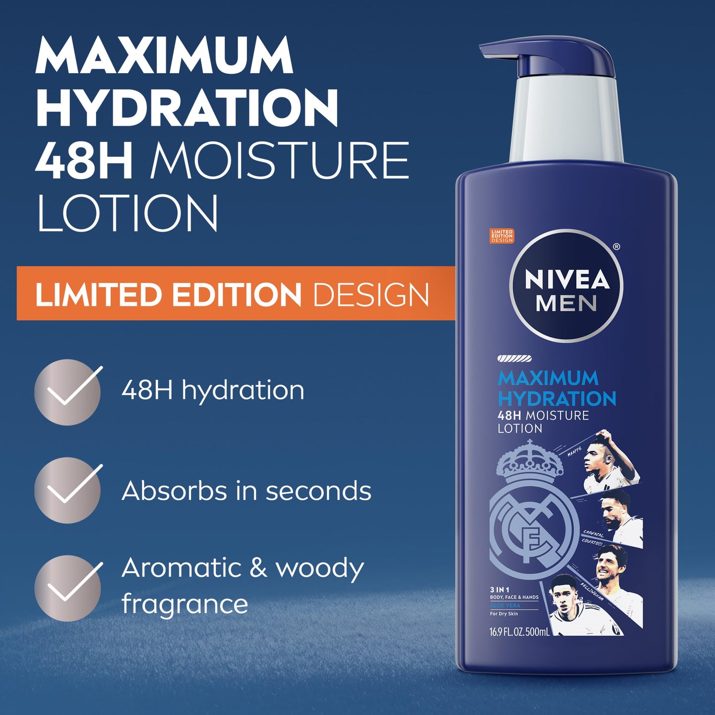 NIVEA MEN Real Madrid Limited Edition Design Maximum Hydration 48-Hour Moisture Body Lotion for Dry Skin, Aloe Vera Lotion for Men, 3-in-1 Body, Face