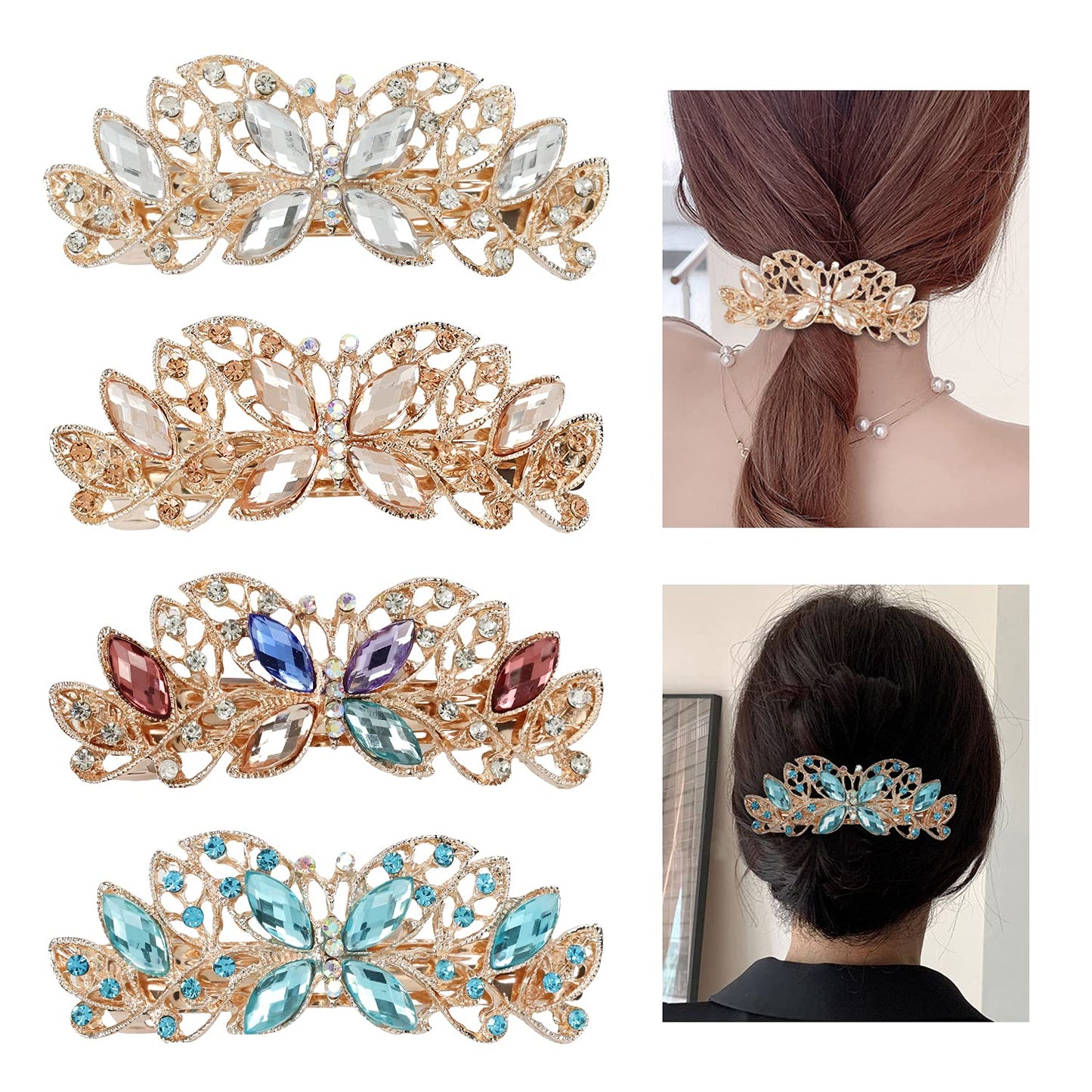 Lawie 4 Pack Luxury Butterfly Jeweled Crystal Rhinestone Glitter Sparkly Metal Hair Barrettes Snap Clips Hairpins Hairgrip Thin Thick Bun Twist Holder
