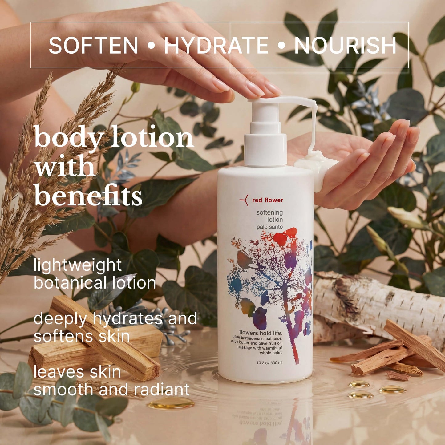 Red Flower Palo Santo Softening Lotion - Deep Hydration & Skin Repair Body & Hand Lotion with Shea Butter & Olive Fruit Oil, Vegan, Sulfate-Free, 10