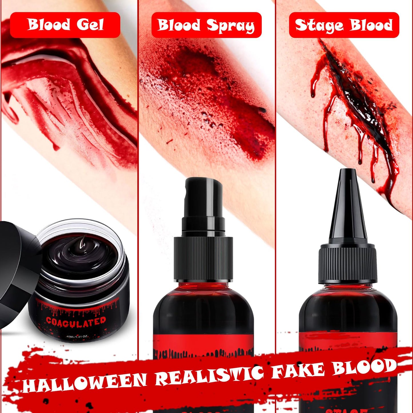 Halloween Fake Blood Makeup Kit 3PCS, Blood Spray 2.1oz, Dripping Blood 2.1oz, Coagulated Gel 1.41oz, Washable SFX Makeup Set for Vampire Zombie