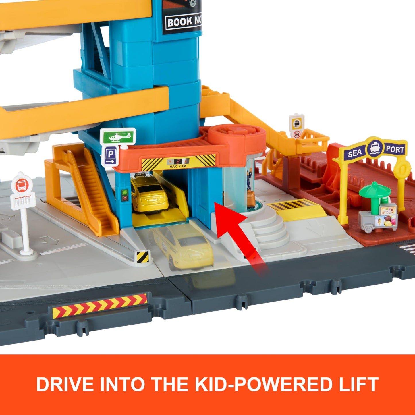Matchbox 5-Level Transportation Center Playset with Car-Activated Features, Includes 1:64 Taxi, Boat, Helicopter & Food Vendor, Kids Toy Vehicles