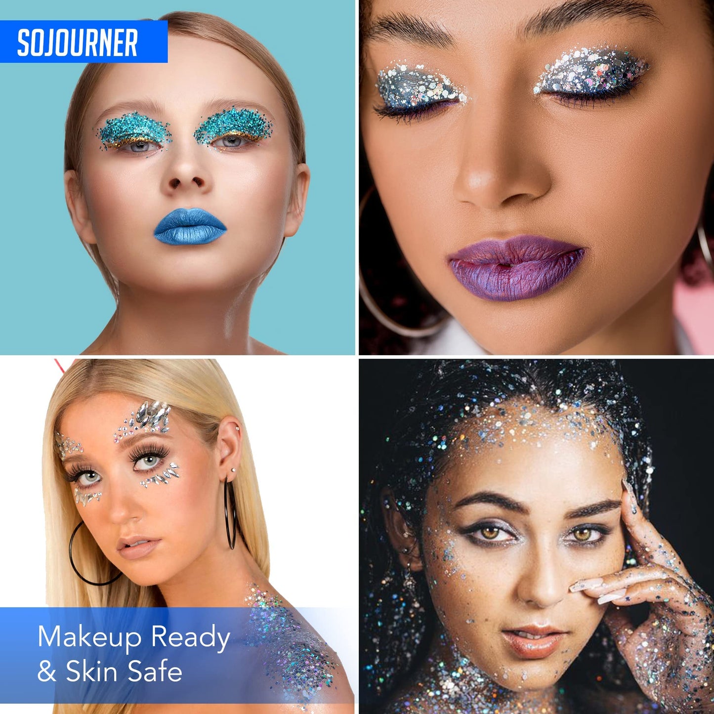 Body Glitter Set for Face & Hair - 16 Colors Fairy Tears Chunky Holographic Festival Glitter Makeup with Glue - Rave, Concert, Euphoria Looks