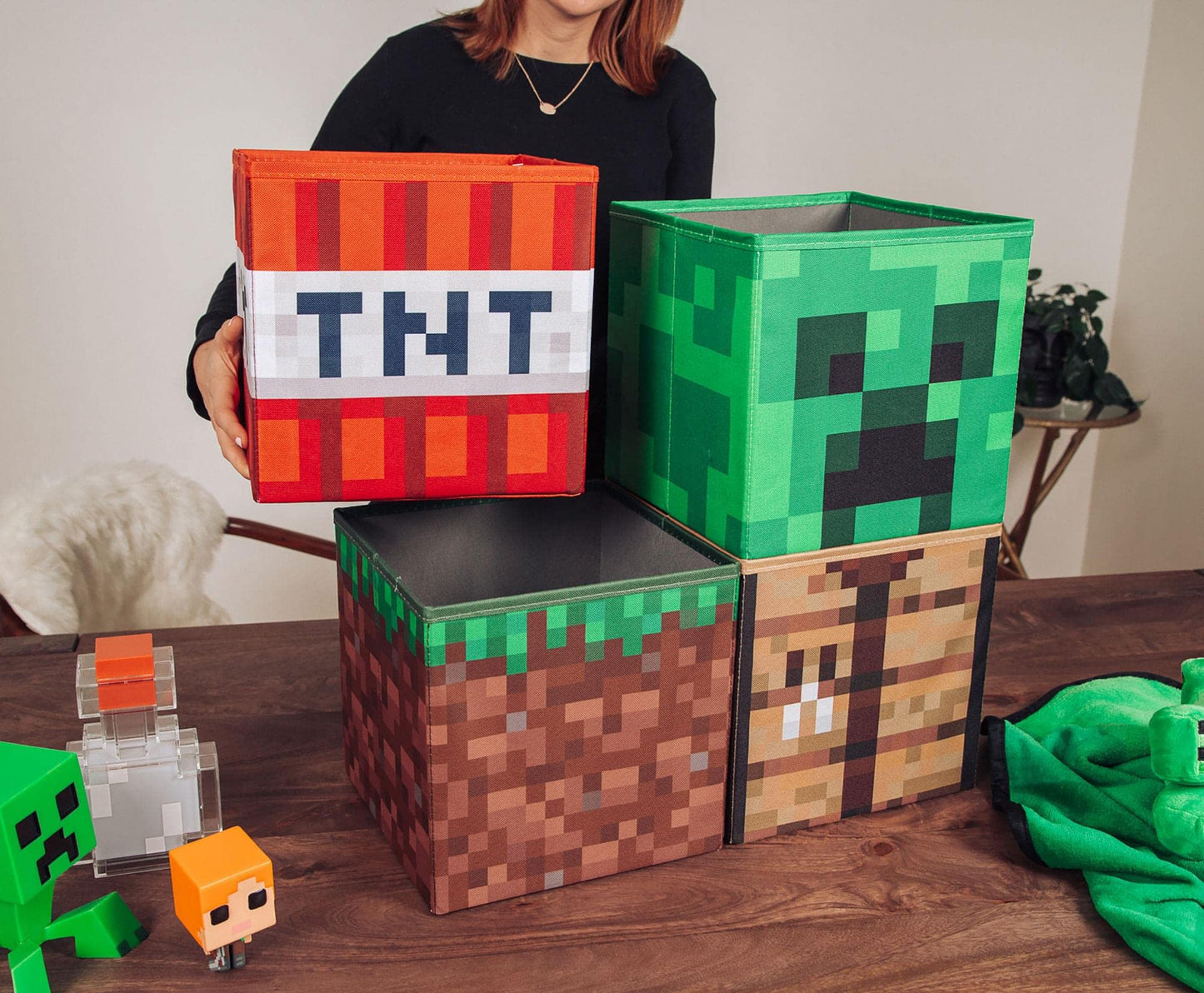 Minecraft 10-Inch Storage Set of 4 Bins | Includes Creeper, TNT, Grass, Crafting Table | Fabric Basket Container, Cubby Closet Organizer, Home Decor…
