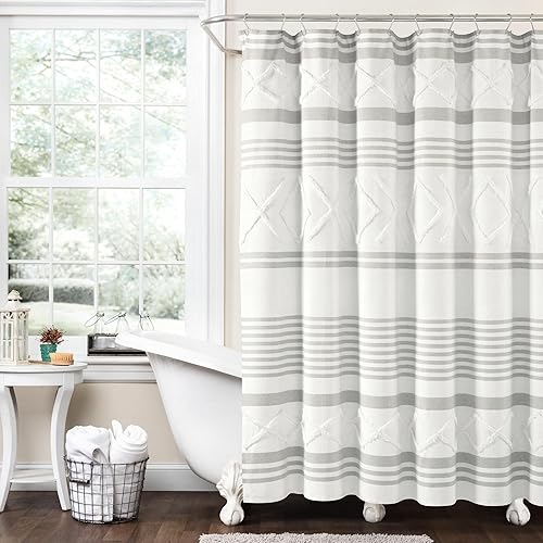 Lush Decor Urban Diamond Stripe Woven Tufted Eco-Friendly Recycled Cotton Shower Curtain, 72" x 72", Gray