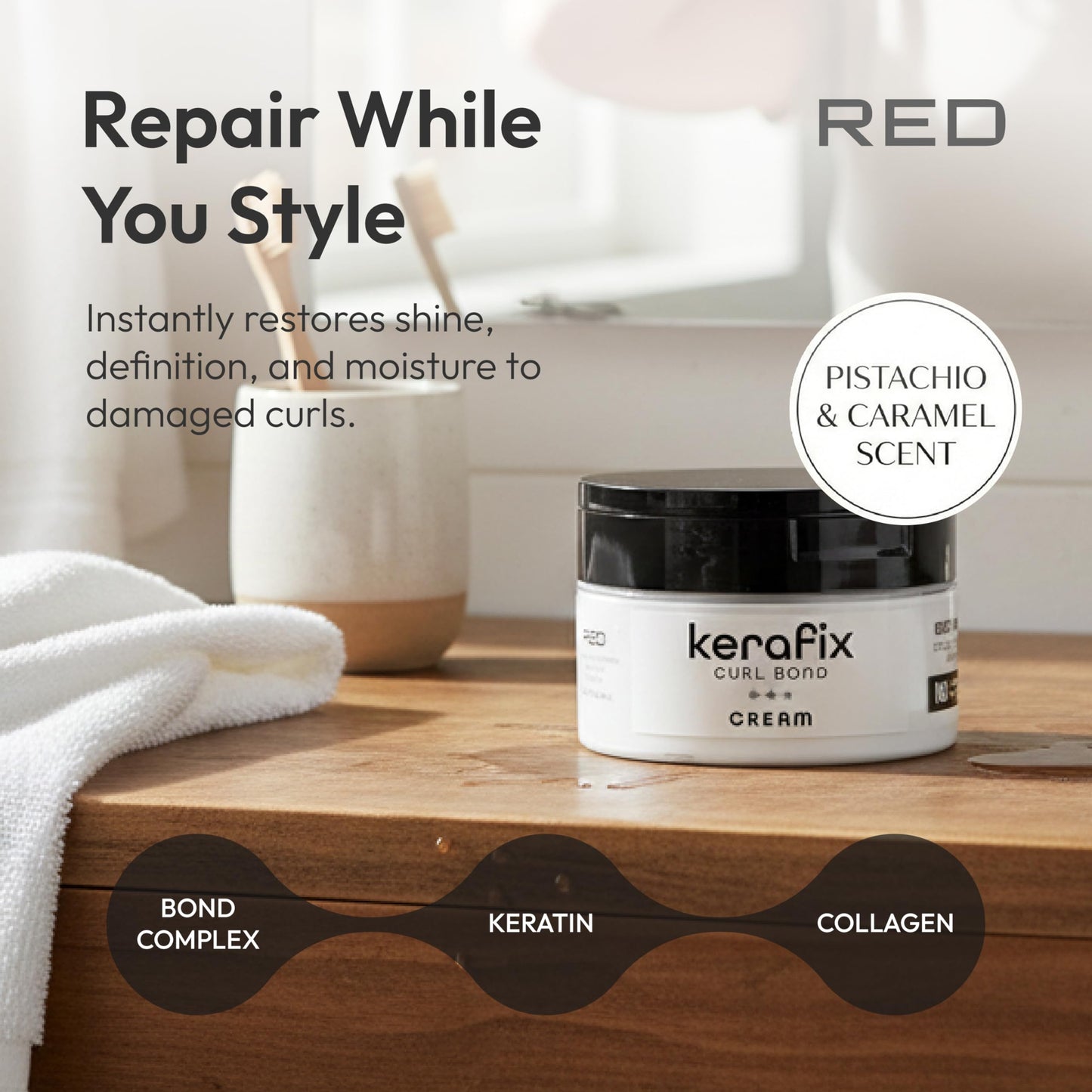 Red by Kiss Kerafix Curl Bond Cream (8 Oz), Curl Defining Cream for Curly Hair & All Textures, Anti-Frizz Bond Repair Enhance Shape, Boost Shine